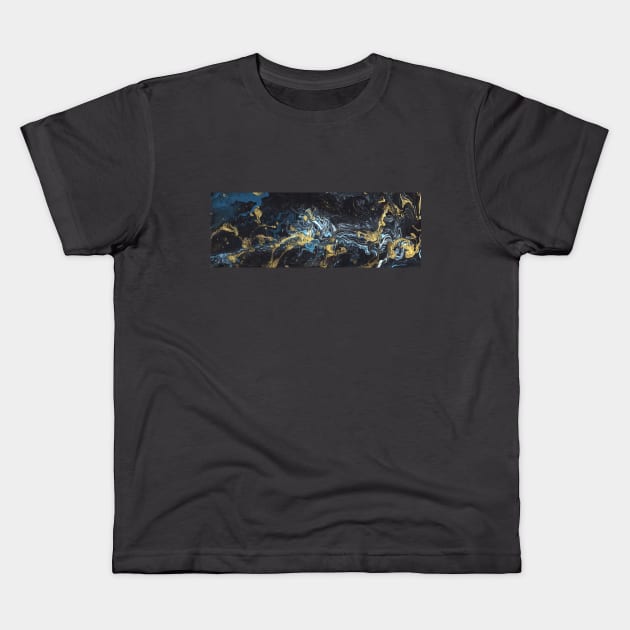 Liquid art. Abstract black-blue-gold background with hand-painted marble texture. Best for the print, fabric, poster, wallpaper, cover and packaging, wrapping paper. Christmas holiday mood. Kids T-Shirt by Olesya Pugach